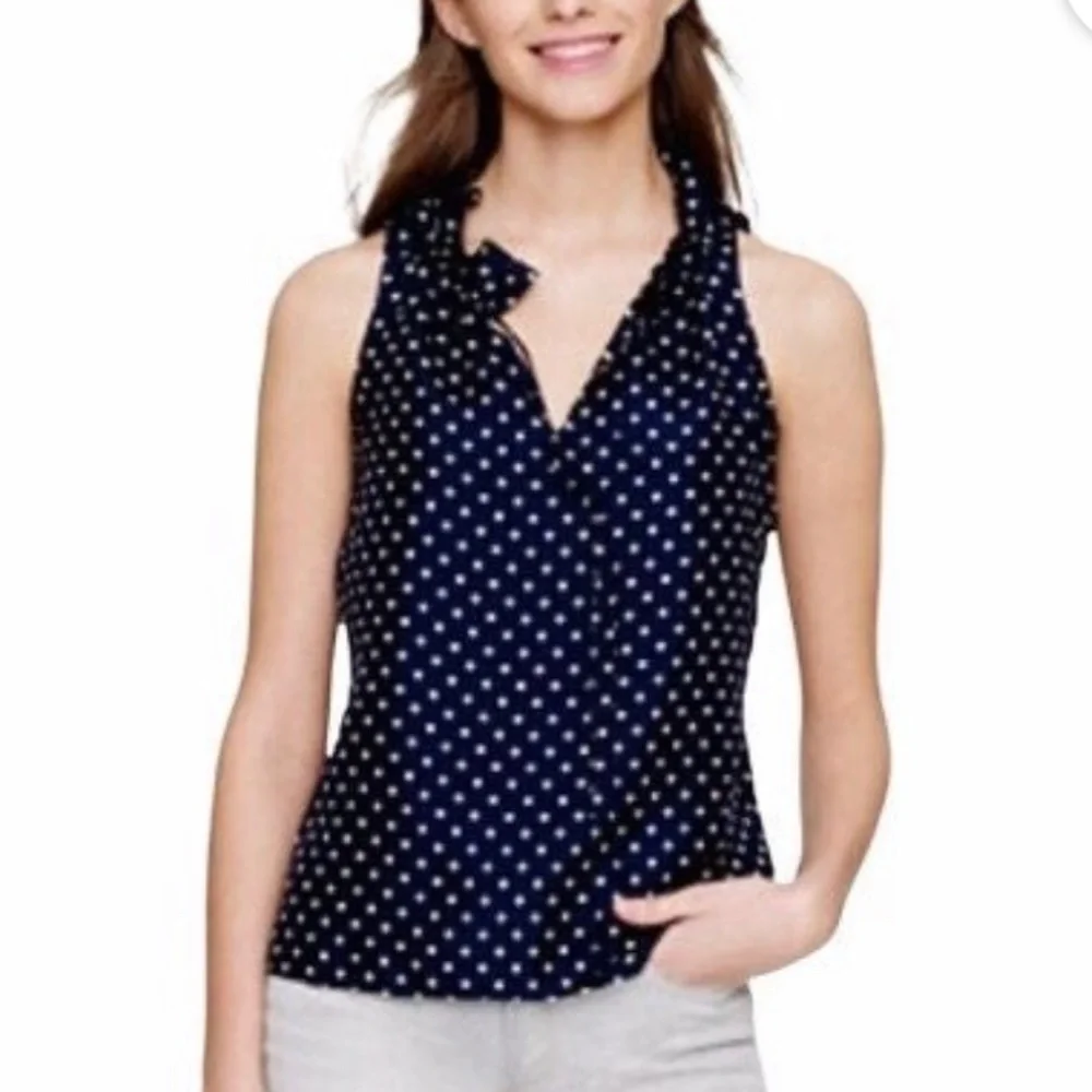 J.Crew Sleeveless Silk White Polka Dot Cobalt Blouse - Picture 1 of 10